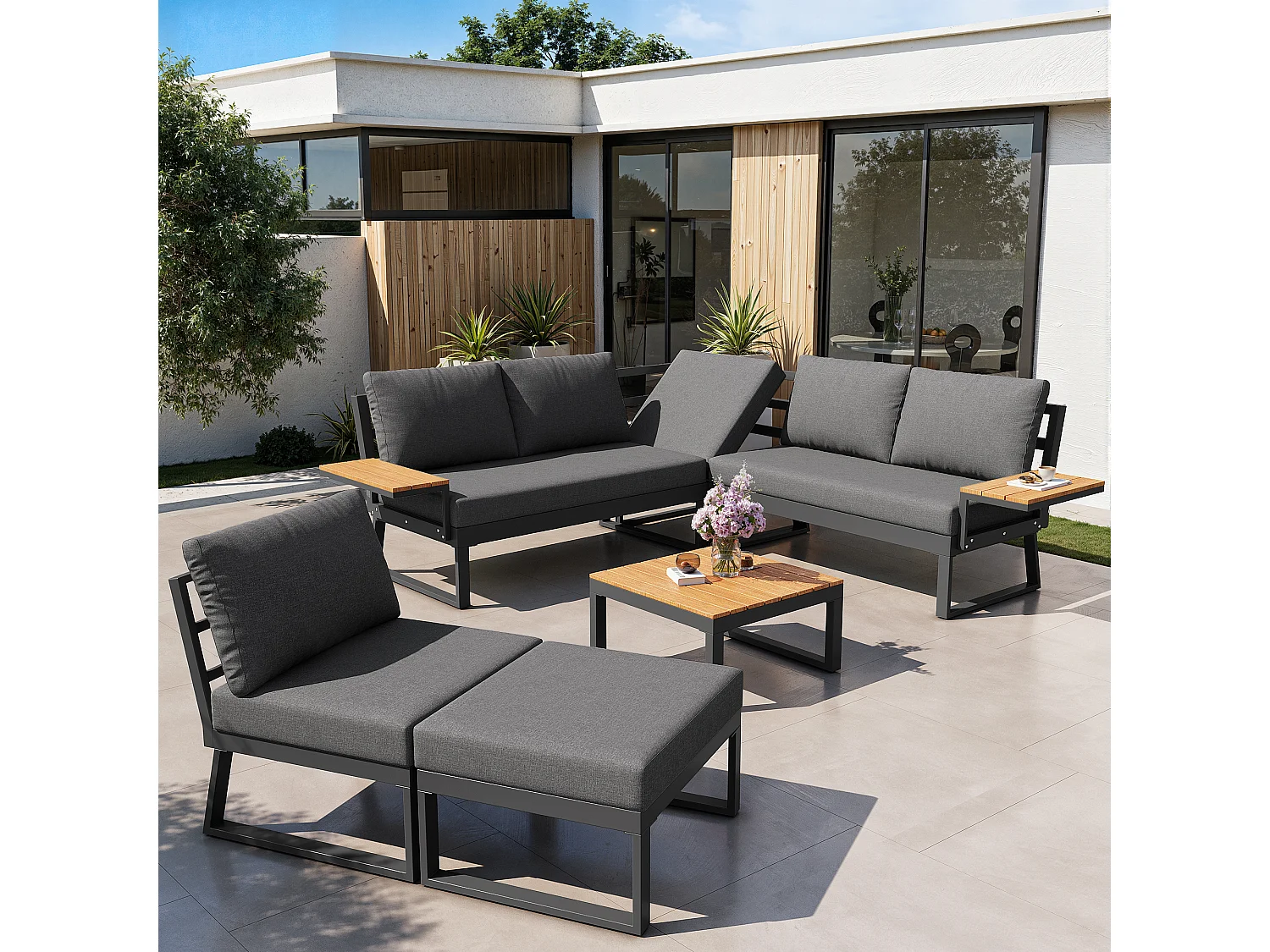 Ensemble salon de jardin 7 places - avec canapé inclinable réglable + fauteuils + table + pouf - métal - gris