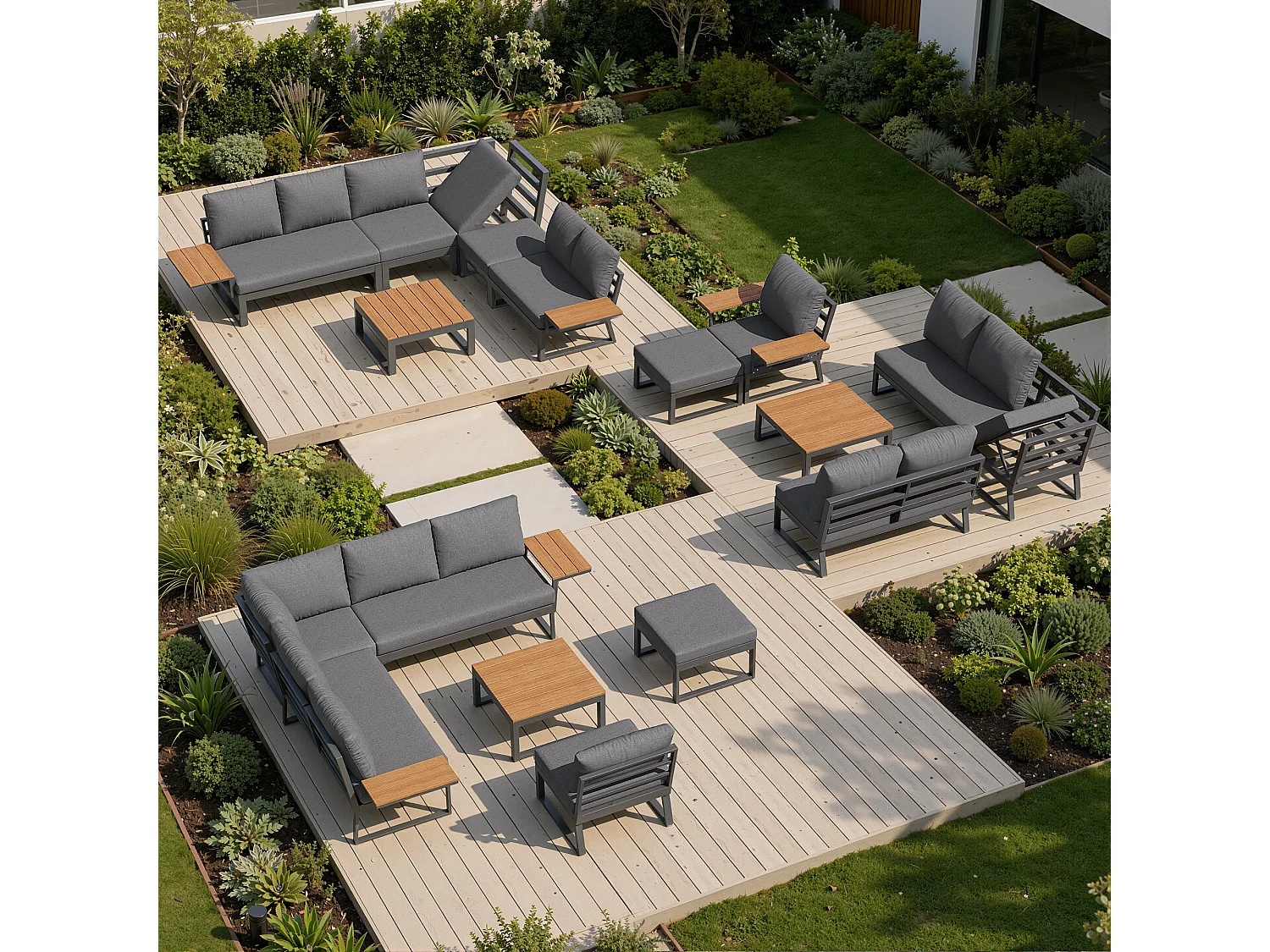 Ensemble salon de jardin 7 places - avec canapé inclinable réglable + fauteuils + table + pouf - métal - gris