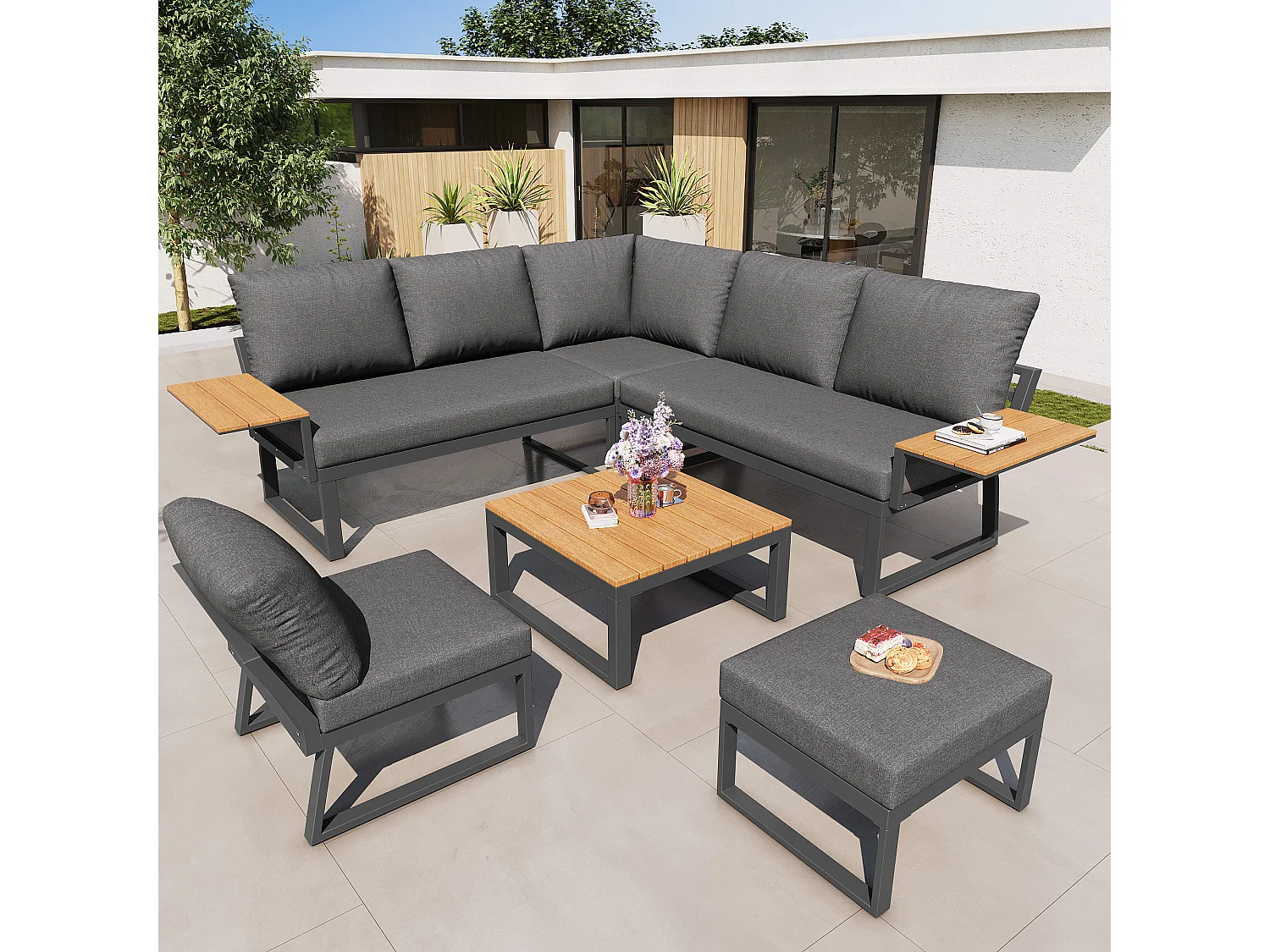 Ensemble salon de jardin 7 places - avec canapé inclinable réglable + fauteuils + table + pouf - métal - gris