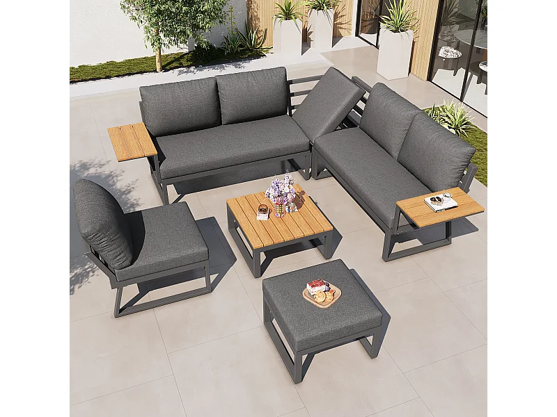 Ensemble salon de jardin 7 places - avec canapé inclinable réglable + fauteuils + table + pouf - métal - gris