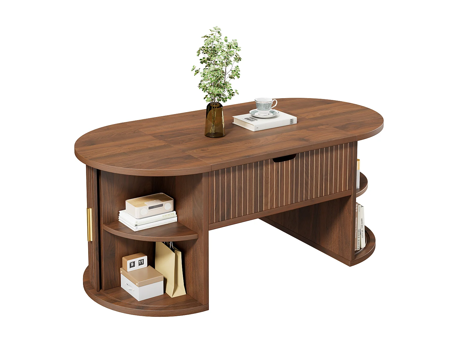 Mesa de centro com tampo elevatório para sala de estar - 100 x 50 x 40,5 cm - com espaço de armazenamento oculto e portas de correr - MDF - marrom