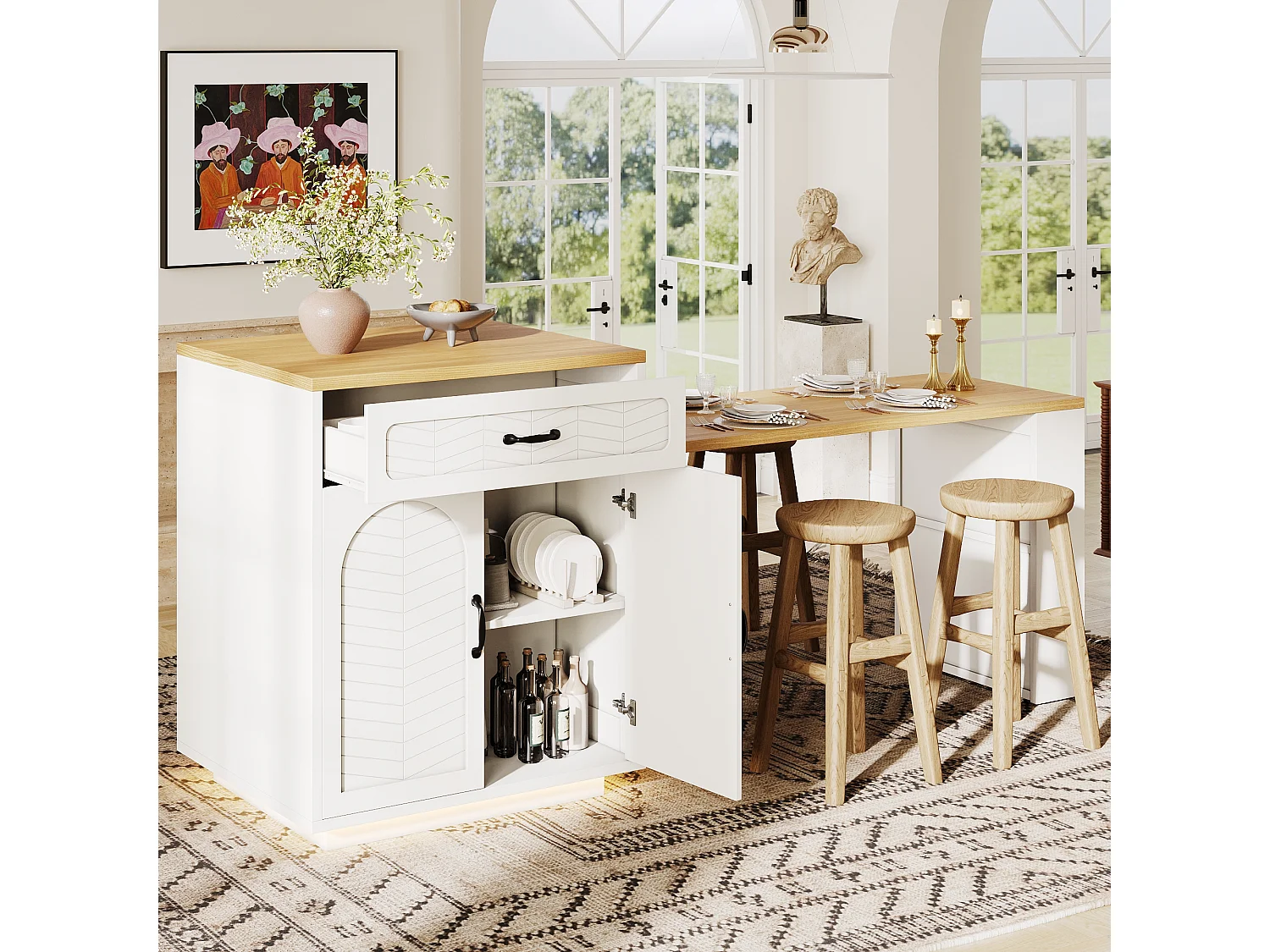 Îlot de cuisine / meuble bar - 193.5 x 70 x 95.5 cm - avec table coulissante + 2 tiroirs + 4 portes - MDF + métal - blanc