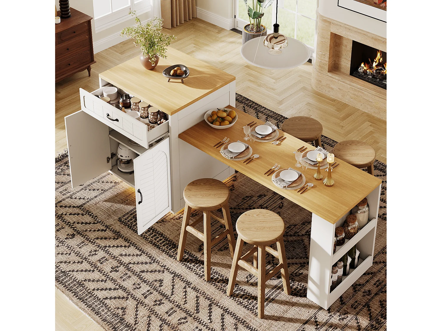 Îlot de cuisine / meuble bar - 193.5 x 70 x 95.5 cm - avec table coulissante + 2 tiroirs + 4 portes - MDF + métal - blanc