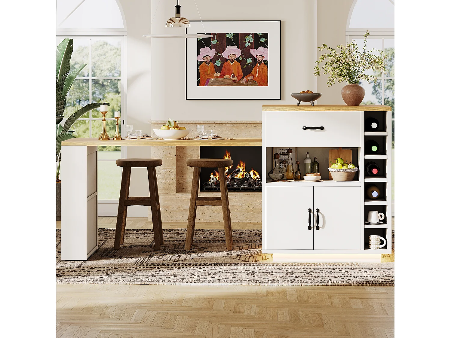 Îlot de cuisine / meuble bar - 193.5 x 70 x 95.5 cm - avec table coulissante + 2 tiroirs + 4 portes - MDF + métal - blanc