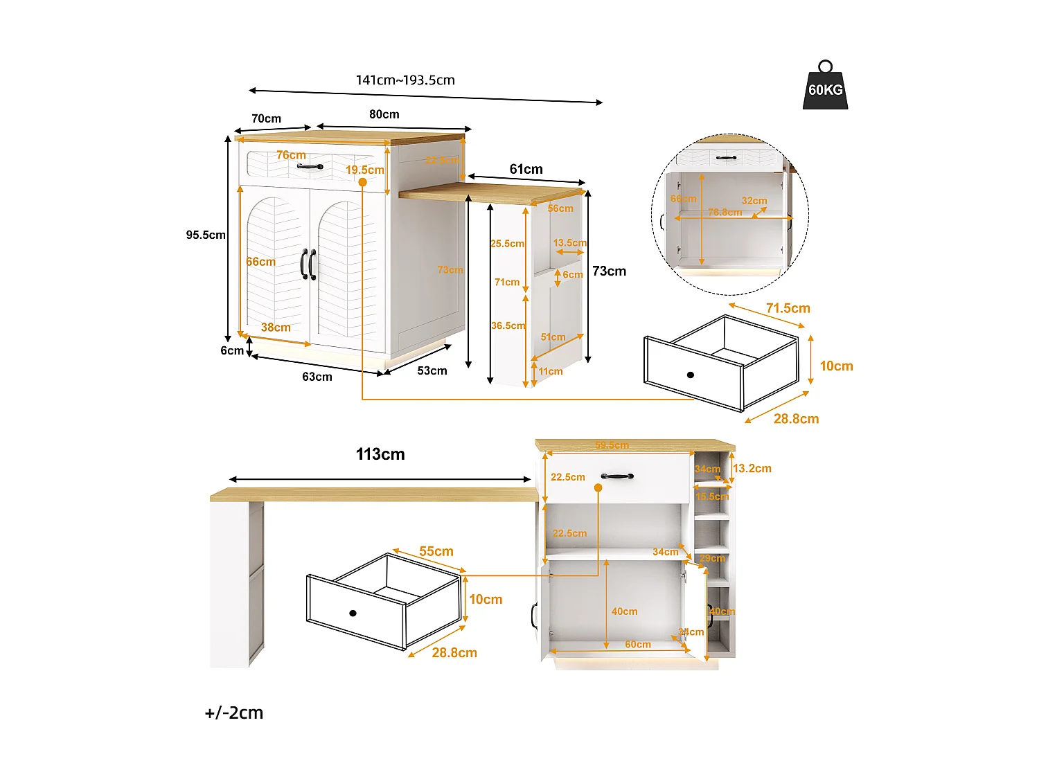 Îlot de cuisine / meuble bar - 193.5 x 70 x 95.5 cm - avec table coulissante + 2 tiroirs + 4 portes - MDF + métal - blanc