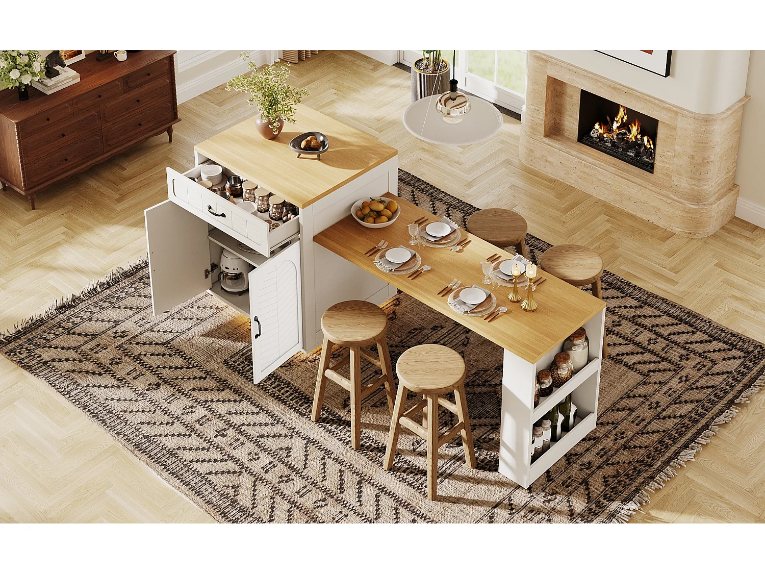 Îlot de cuisine / meuble bar - 193.5 x 70 x 95.5 cm - avec table coulissante + 2 tiroirs + 4 portes - MDF + métal - blanc