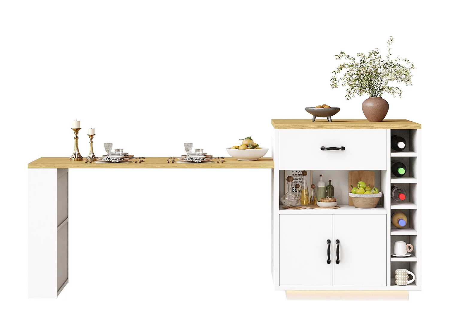 Îlot de cuisine / meuble bar - 193.5 x 70 x 95.5 cm - avec table coulissante + 2 tiroirs + 4 portes - MDF + métal - blanc