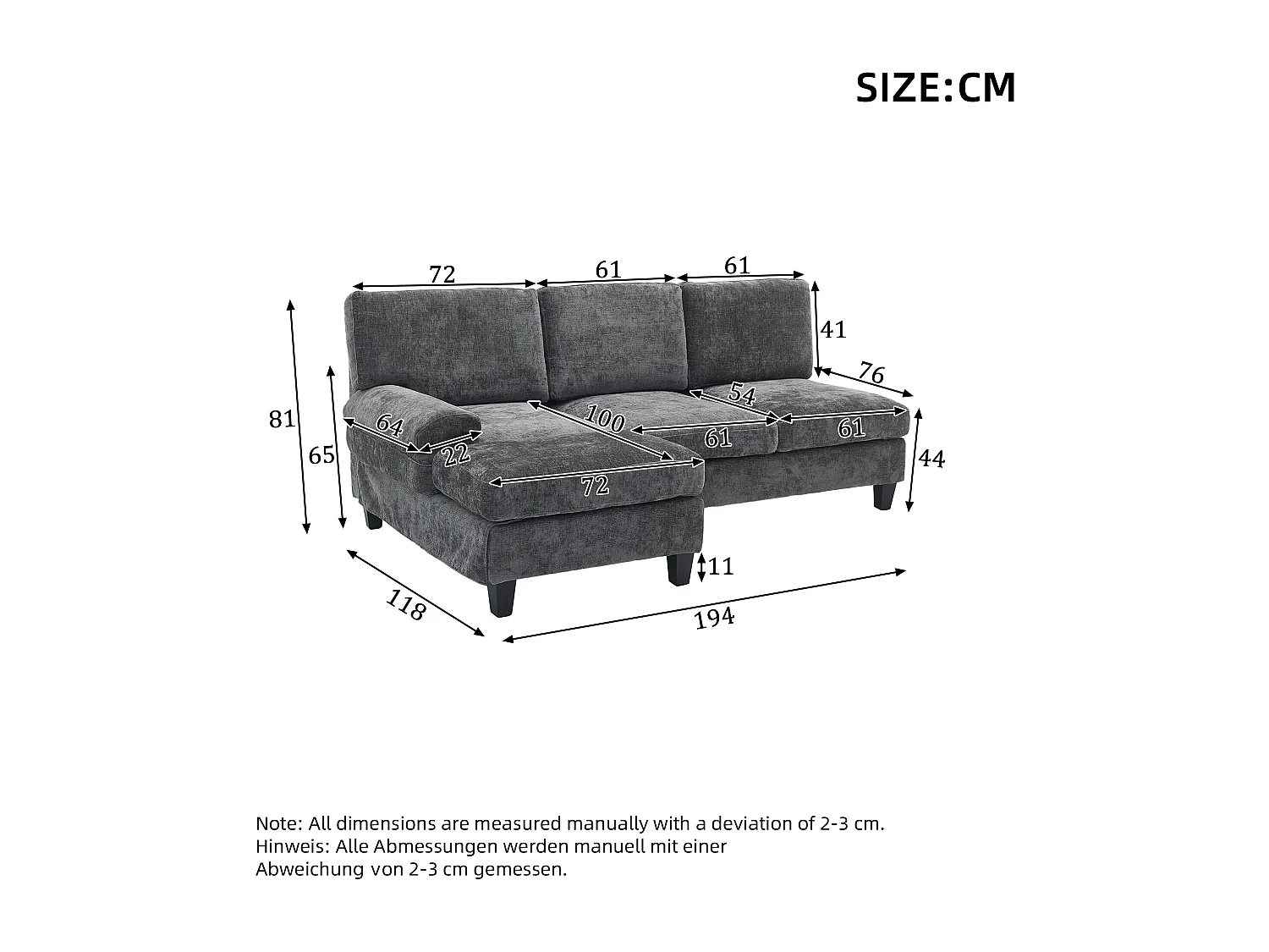 Modernes 3-Sitzer-Ecksofa – 194 x 118 x 81 cm – für Wohn- und Schlafzimmer – Stoff – grau