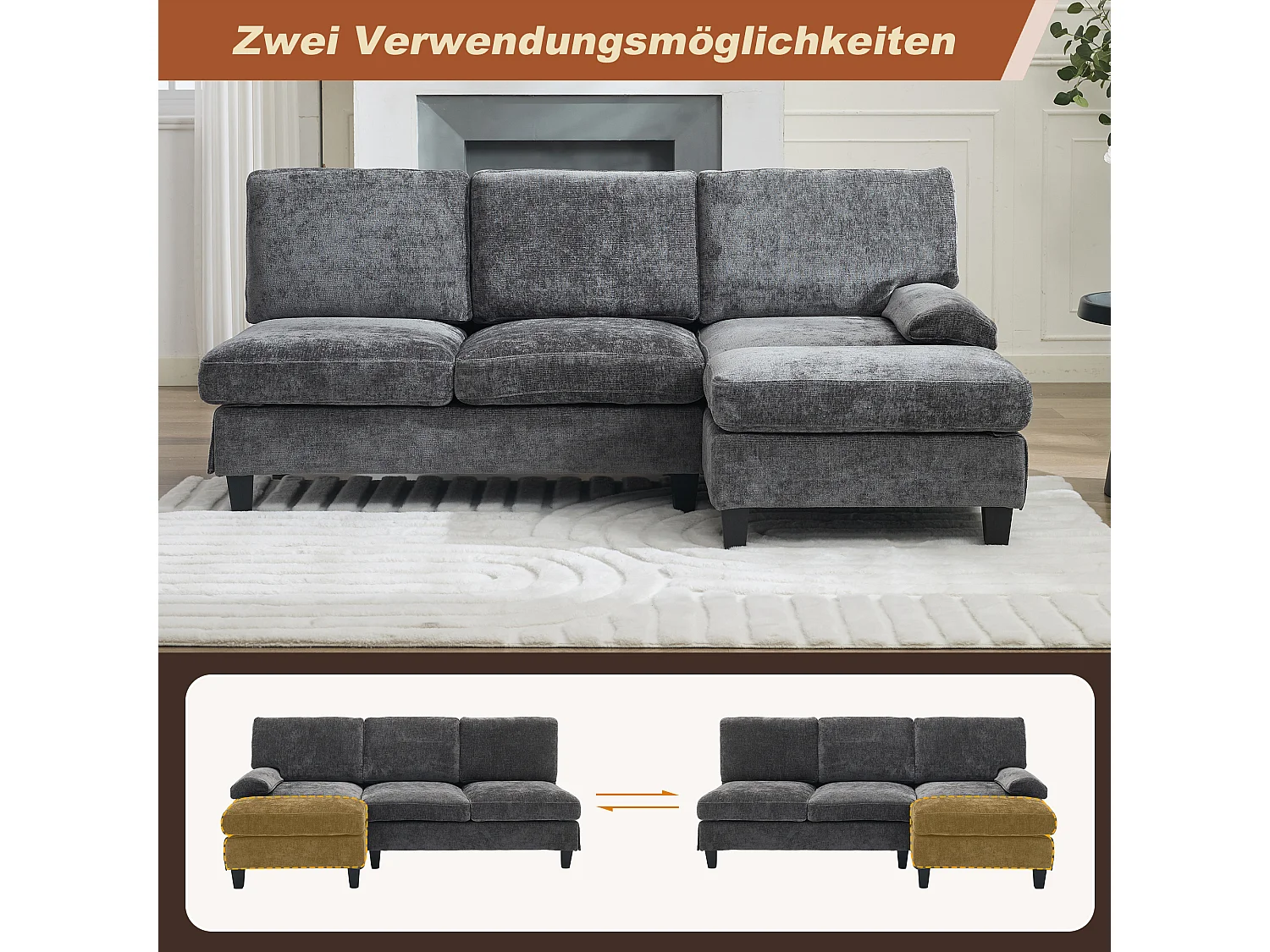 Modernes 3-Sitzer-Ecksofa – 194 x 118 x 81 cm – für Wohn- und Schlafzimmer – Stoff – grau