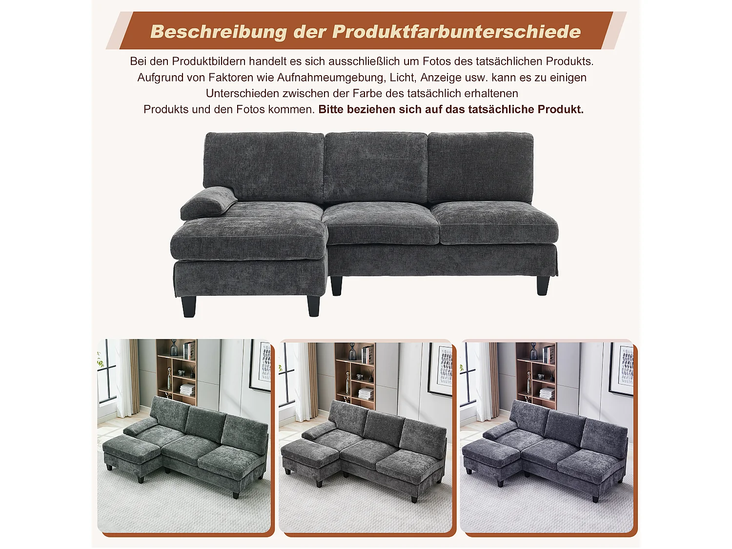 Modernes 3-Sitzer-Ecksofa – 194 x 118 x 81 cm – für Wohn- und Schlafzimmer – Stoff – grau