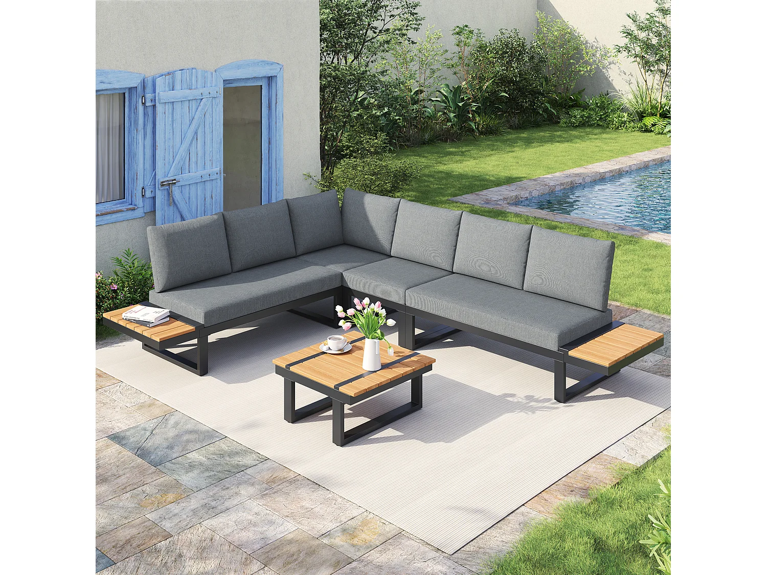 Conjunto de jardín de 5 plazas - convertible en 2 camas - con mesa + estantes de almacenaje - metal - gris