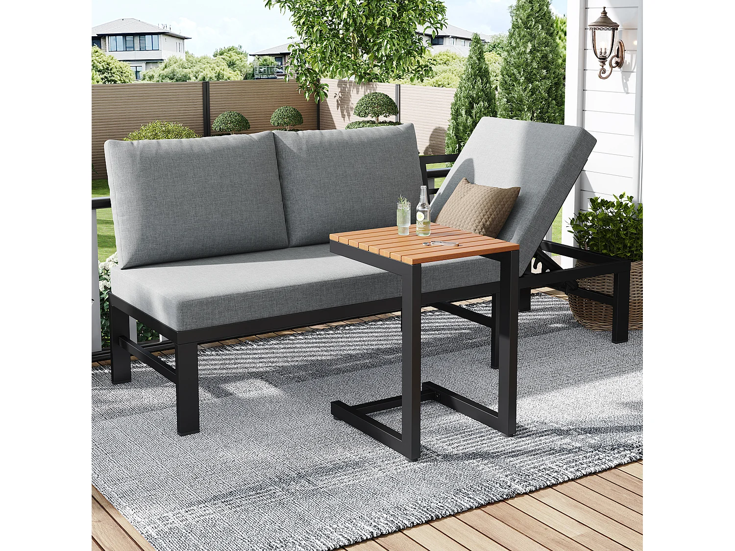 Ensemble de mobilier de jardin - 173 x 69 x 82 cm - canapé 3 places inclinable réglable + table - métal + Polyester - gris