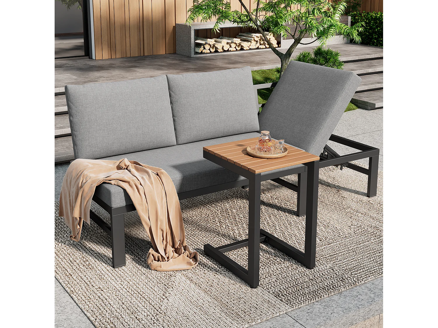 Ensemble de mobilier de jardin - 173 x 69 x 82 cm - canapé 3 places inclinable réglable + table - métal + Polyester - gris