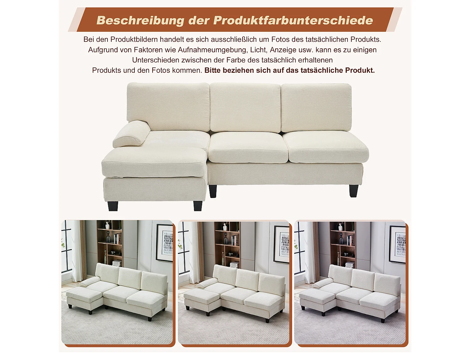 Modernes 3-Sitzer-Ecksofa – 194 x 118 x 81 cm – für Wohn- und Schlafzimmer – Stoff – beige