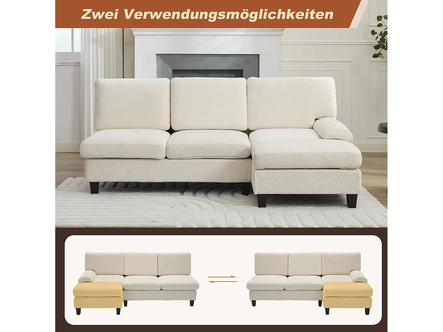 Modernes 3-Sitzer-Ecksofa – 194 x 118 x 81 cm – für Wohn- und Schlafzimmer – Stoff – beige