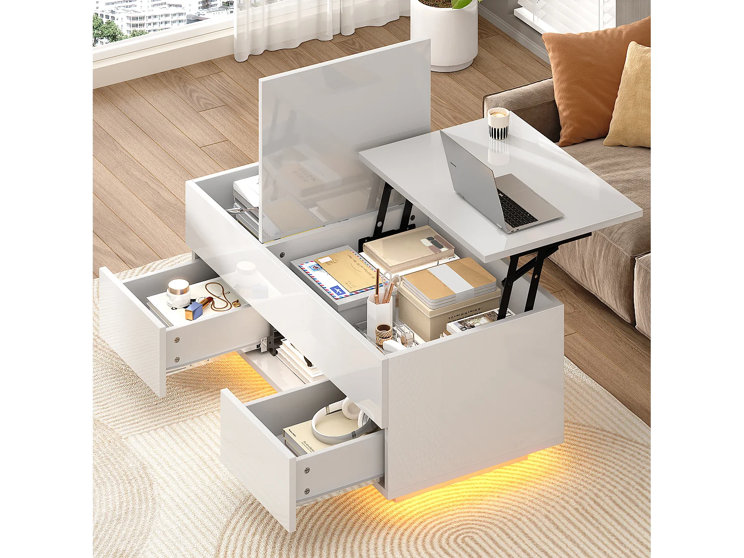 Table basse relevable laquée brillante - 100 x 45 x 43 cm - avec 2 tiroirs + Leds + rangement dissimulé - aggloméré - blanc