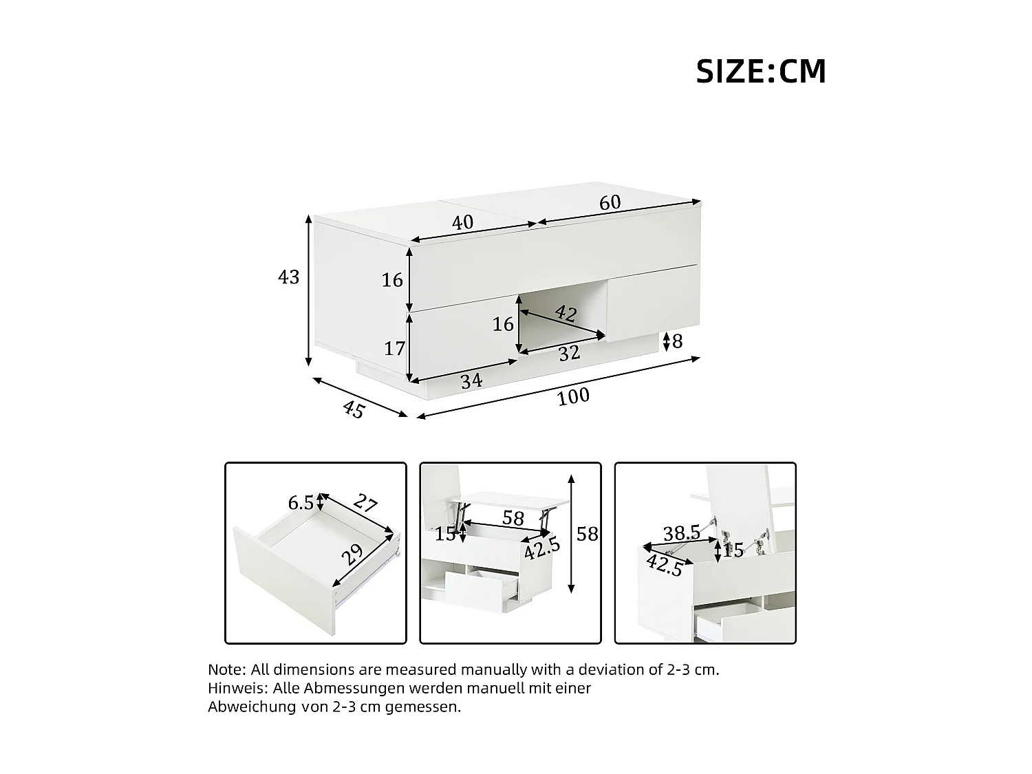 Table basse relevable laquée brillante - 100 x 45 x 43 cm - avec 2 tiroirs + Leds + rangement dissimulé - aggloméré - blanc