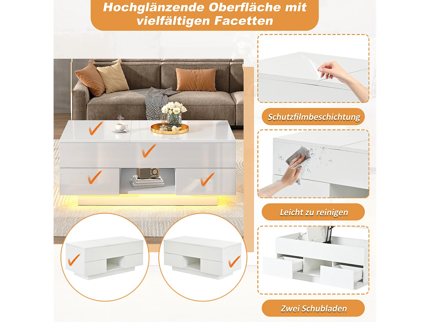 Table basse relevable laquée brillante - 100 x 45 x 43 cm - avec 2 tiroirs + Leds + rangement dissimulé - aggloméré - blanc