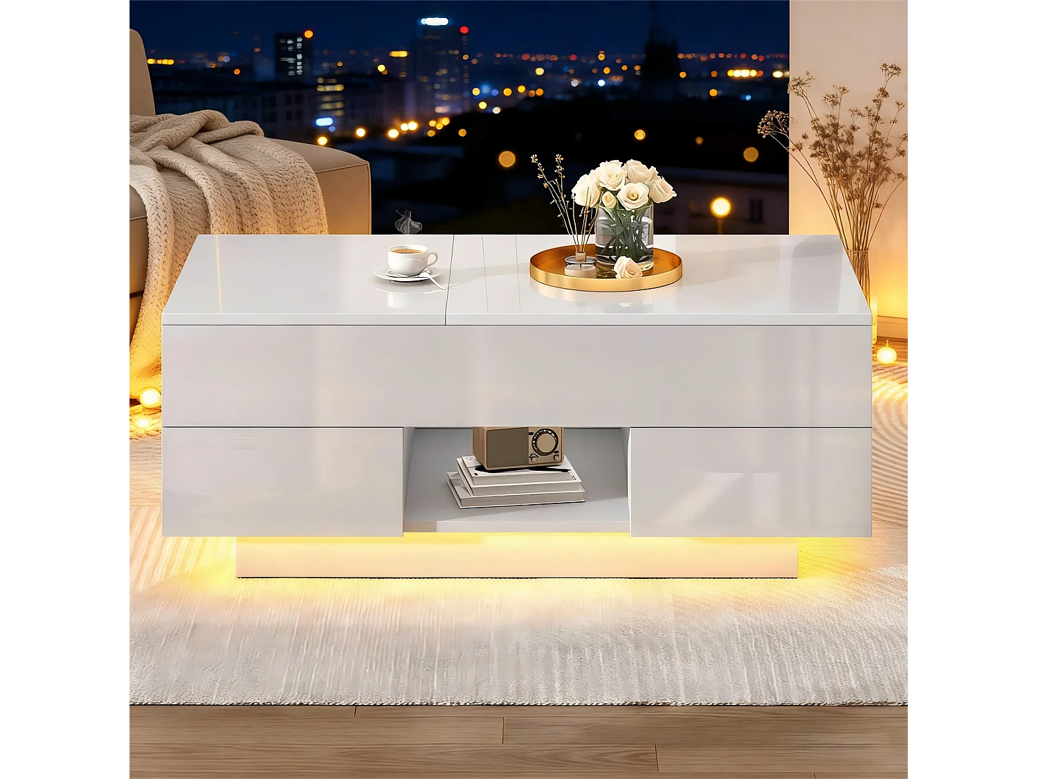 Table basse relevable laquée brillante - 100 x 45 x 43 cm - avec 2 tiroirs + Leds + rangement dissimulé - aggloméré - blanc