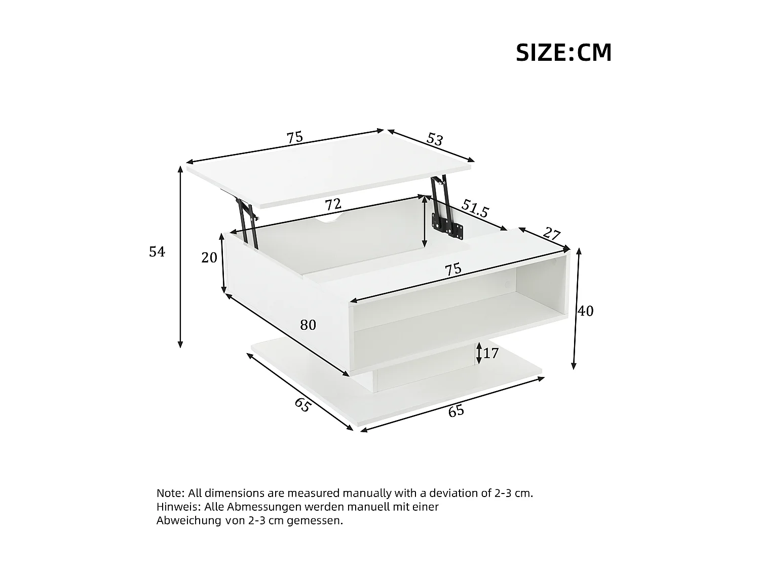 Table basse relevable - 80 x 75 x 40 cm - élévateur hydraulique - avec rangement + Leds - aggloméré - blanc
