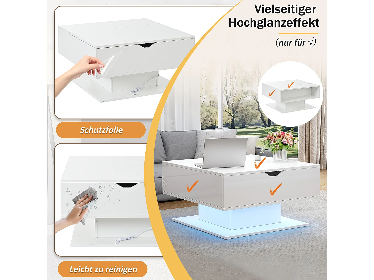 Table basse relevable - 80 x 75 x 40 cm - élévateur hydraulique - avec rangement + Leds - aggloméré - blanc