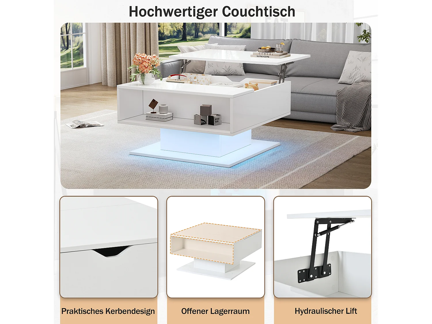 Table basse relevable - 80 x 75 x 40 cm - élévateur hydraulique - avec rangement + Leds - aggloméré - blanc