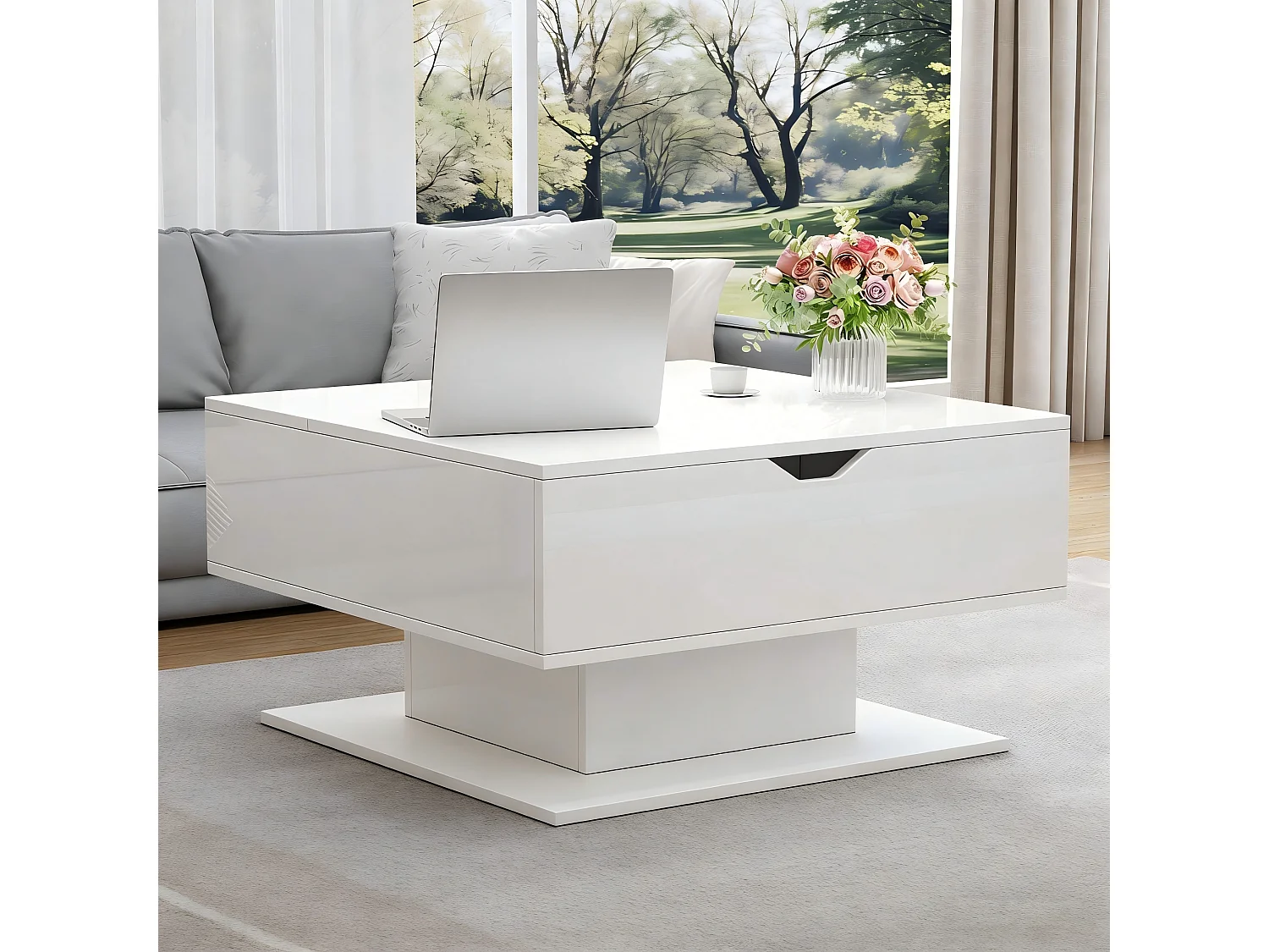 Table basse relevable - 80 x 75 x 40 cm - élévateur hydraulique - avec rangement + Leds - aggloméré - blanc