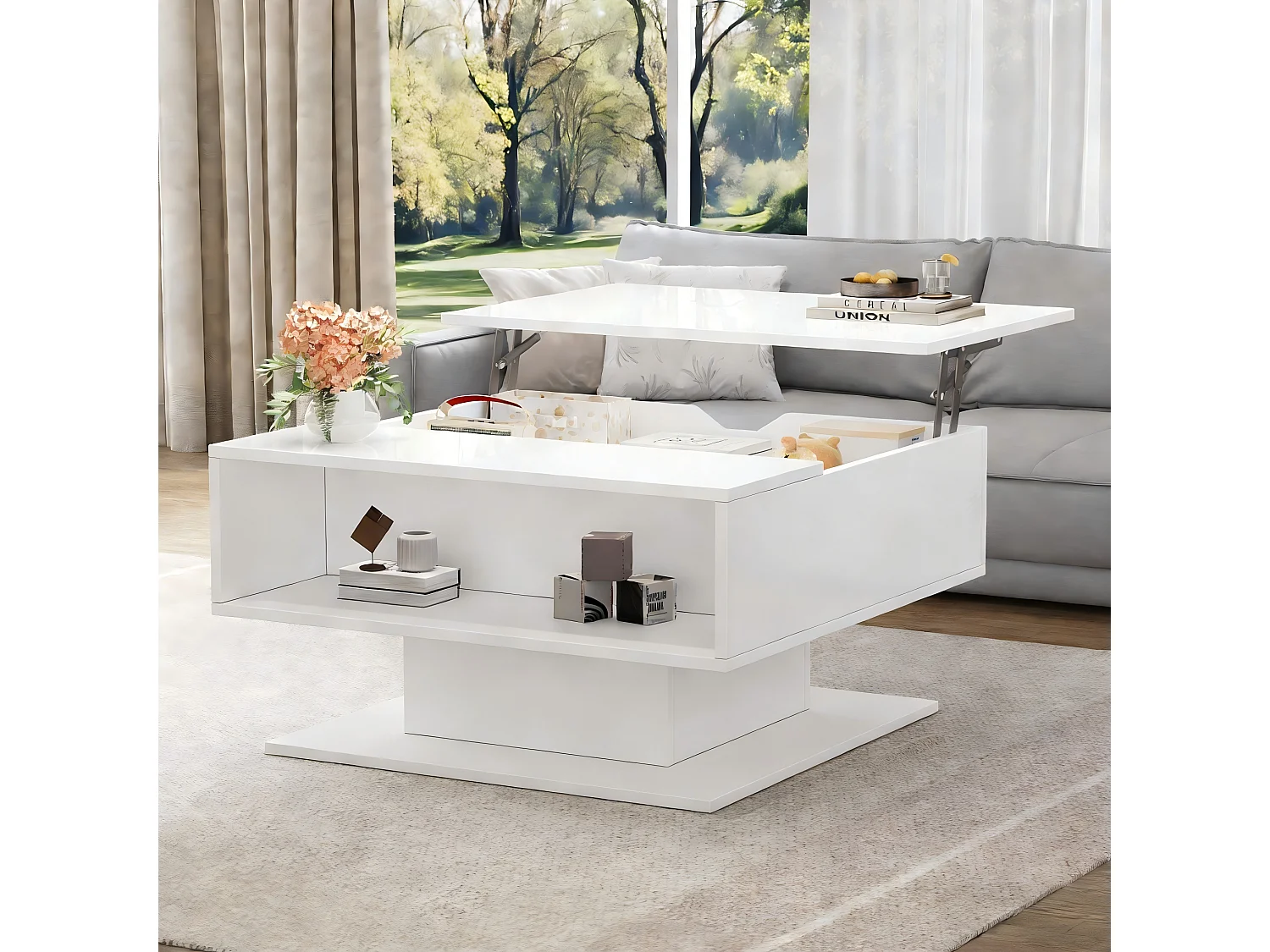 Table basse relevable - 80 x 75 x 40 cm - élévateur hydraulique - avec rangement + Leds - aggloméré - blanc