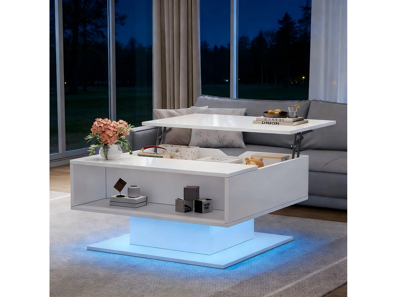 Table basse relevable - 80 x 75 x 40 cm - élévateur hydraulique - avec rangement + Leds - aggloméré - blanc