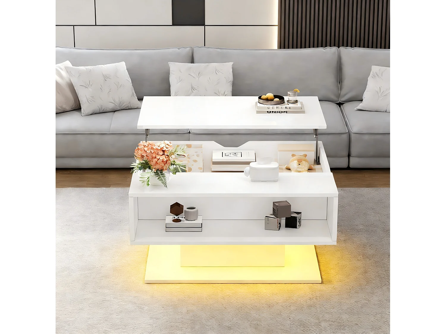 Table basse relevable - 80 x 75 x 40 cm - élévateur hydraulique - avec rangement + Leds - aggloméré - blanc