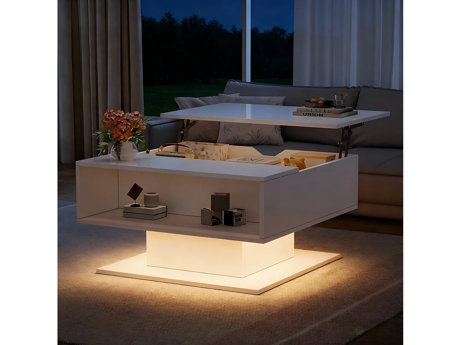 Table basse relevable - 80 x 75 x 40 cm - élévateur hydraulique - avec rangement + Leds - aggloméré - blanc