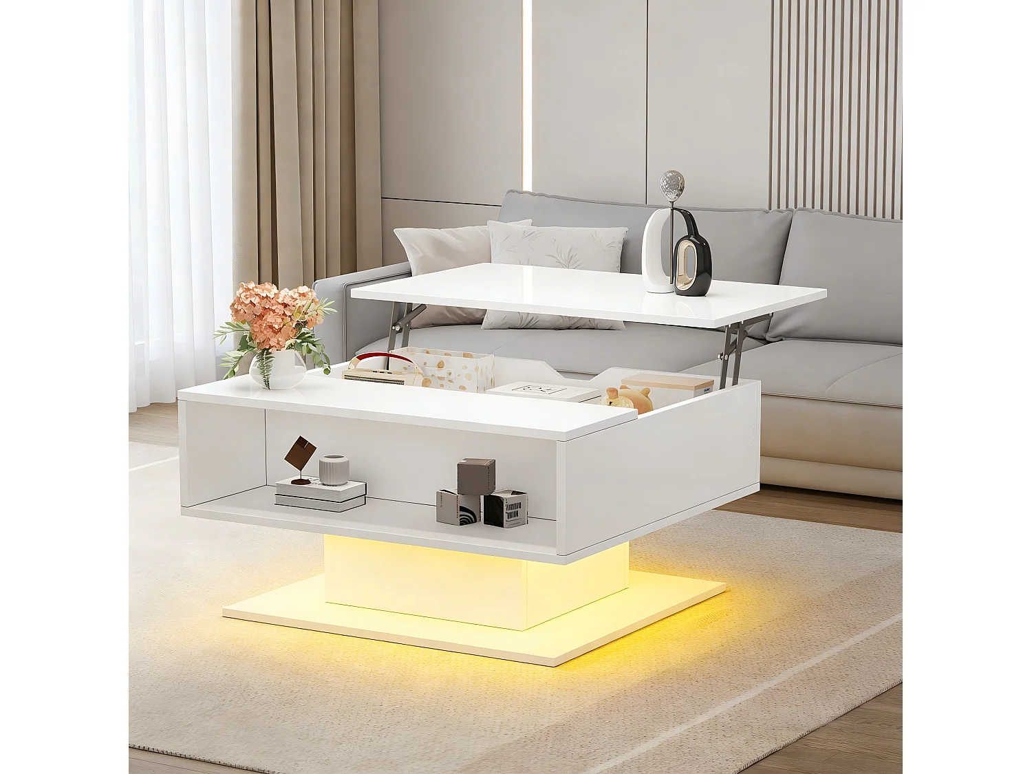 Table basse relevable - 80 x 75 x 40 cm - élévateur hydraulique - avec rangement + Leds - aggloméré - blanc