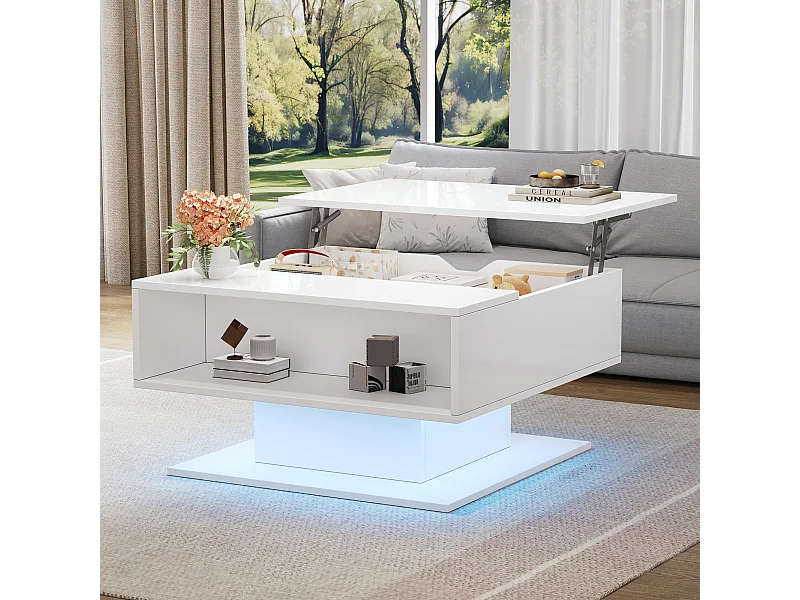 Table basse relevable - 80 x 75 x 40 cm - élévateur hydraulique - avec rangement + Leds - aggloméré - blanc