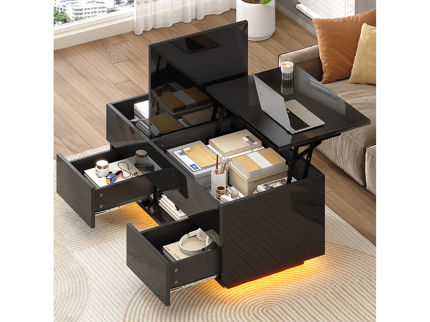 Table basse relevable laquée brillante - 100 x 45 x 43 cm - avec 2 tiroirs + Leds + rangement dissimulé - aggloméré - noir
