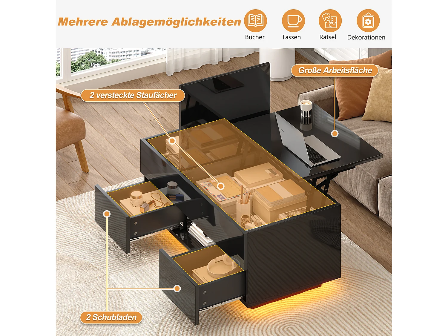 Table basse relevable laquée brillante - 100 x 45 x 43 cm - avec 2 tiroirs + Leds + rangement dissimulé - aggloméré - noir