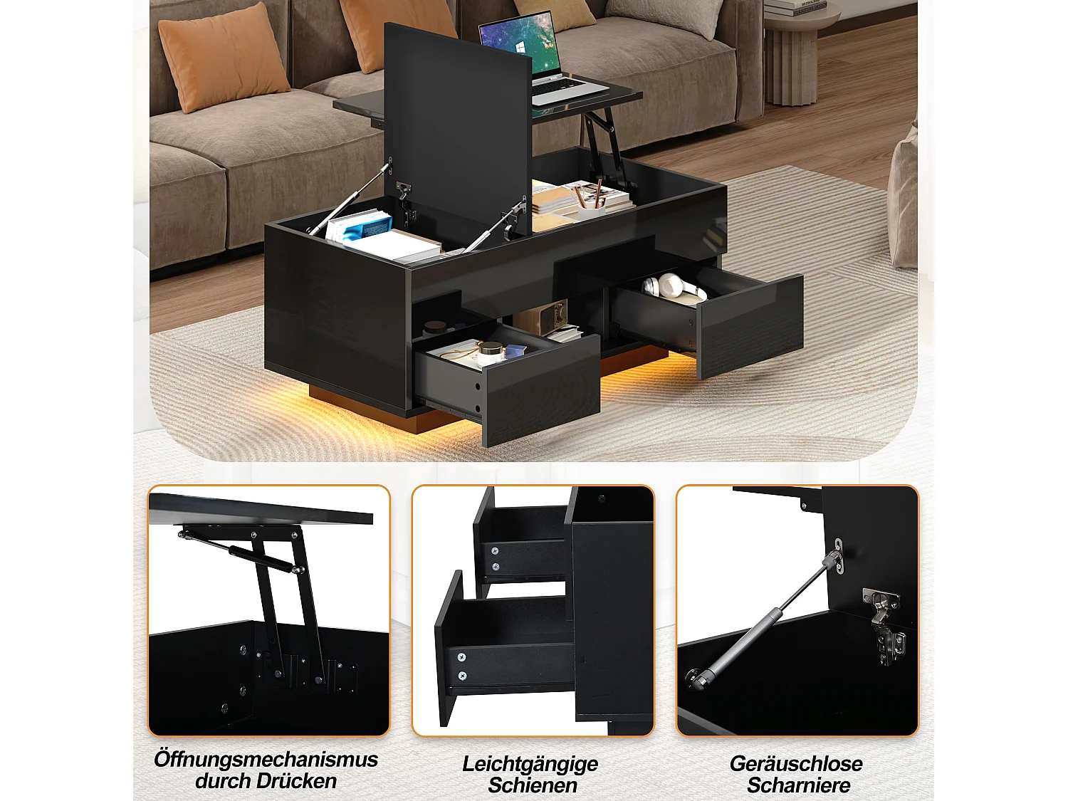 Table basse relevable laquée brillante - 100 x 45 x 43 cm - avec 2 tiroirs + Leds + rangement dissimulé - aggloméré - noir