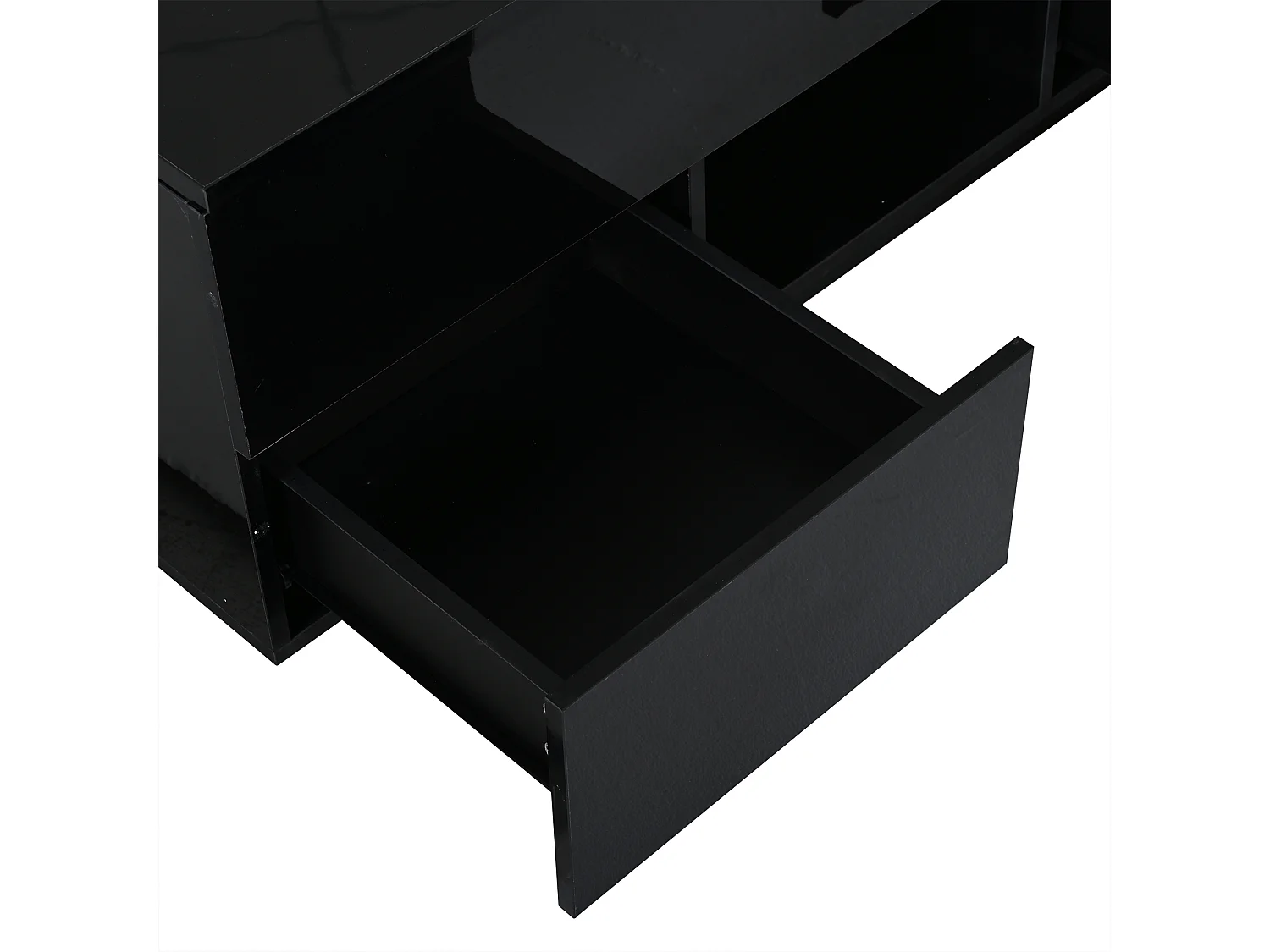 Table basse relevable laquée brillante - 100 x 45 x 43 cm - avec 2 tiroirs + Leds + rangement dissimulé - aggloméré - noir