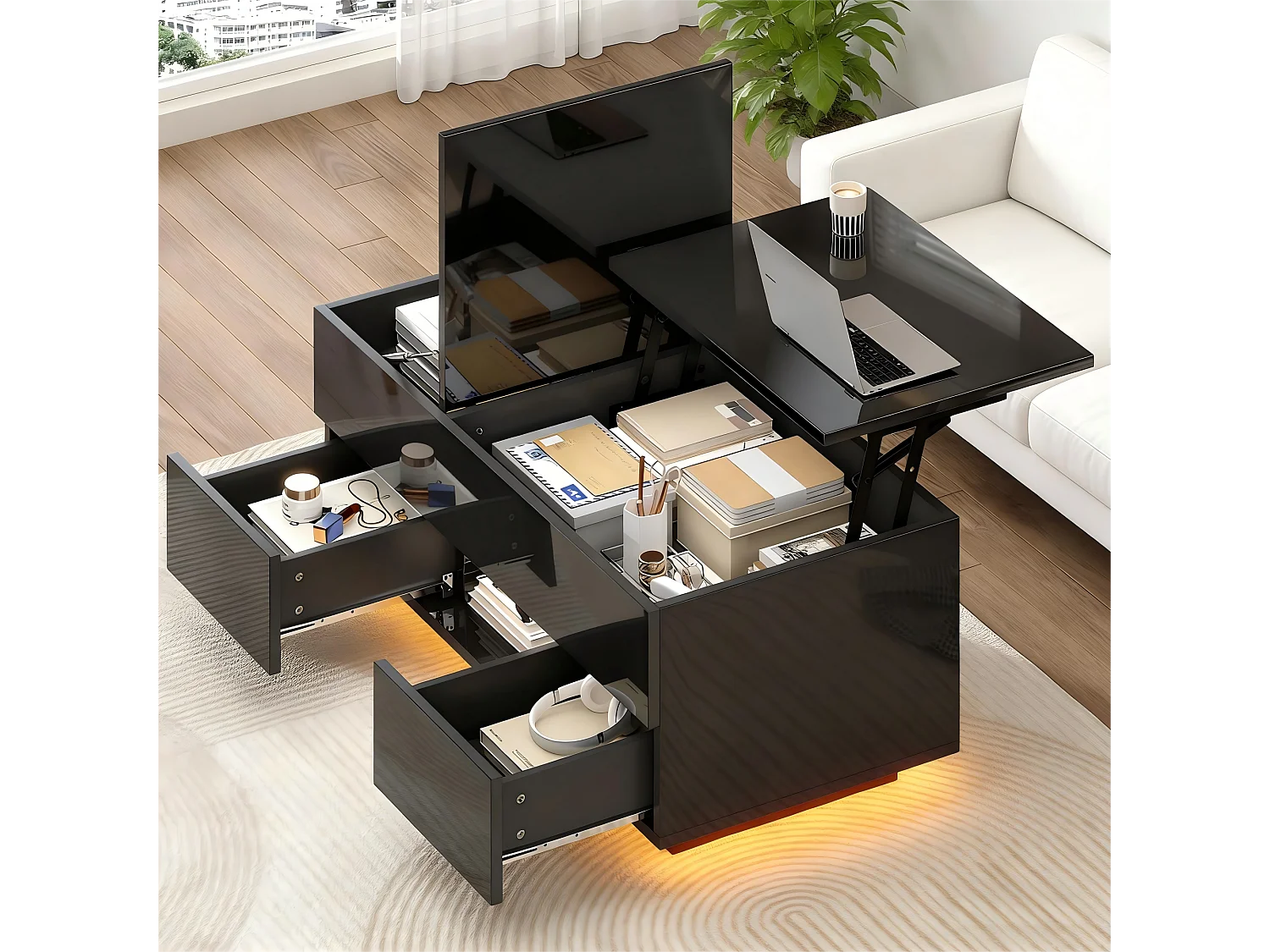 Table basse relevable laquée brillante - 100 x 45 x 43 cm - avec 2 tiroirs + Leds + rangement dissimulé - aggloméré - noir