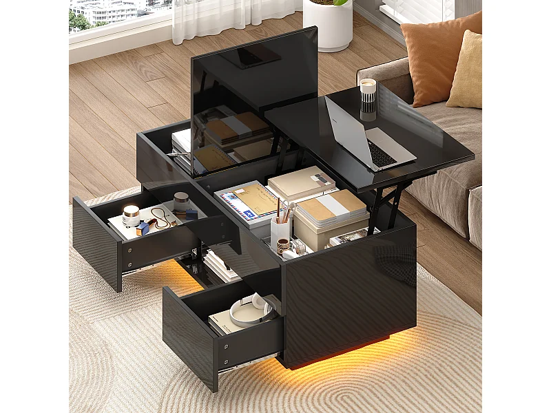 Table basse relevable laquée brillante - 100 x 45 x 43 cm - avec 2 tiroirs + Leds + rangement dissimulé - aggloméré - noir