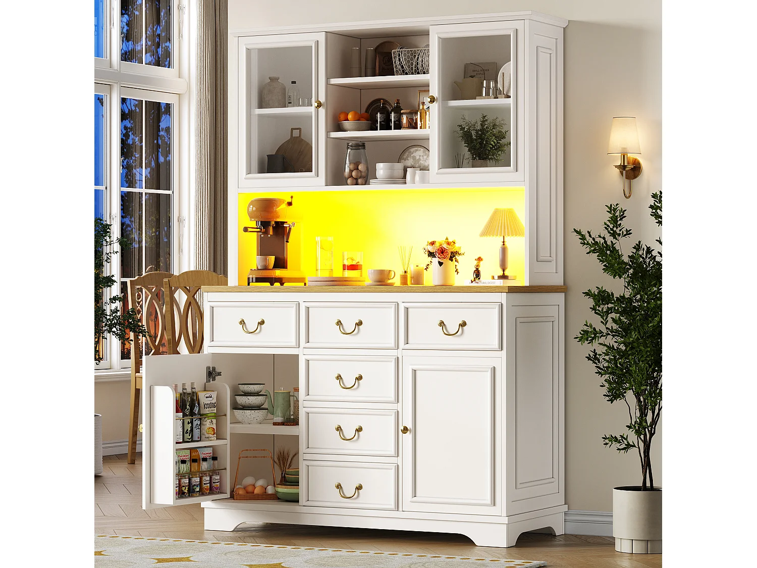 Buffet heut de cuisine - 118 x 40 x 180 cm - avec 6 tiroir + portes + Leds + étagères de rangement - MDF - blanc