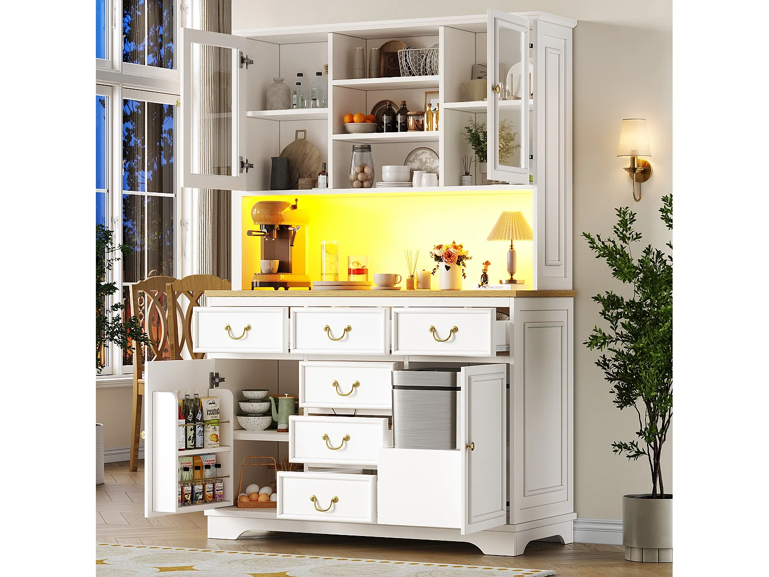 Buffet heut de cuisine - 118 x 40 x 180 cm - avec 6 tiroir + portes + Leds + étagères de rangement - MDF - blanc