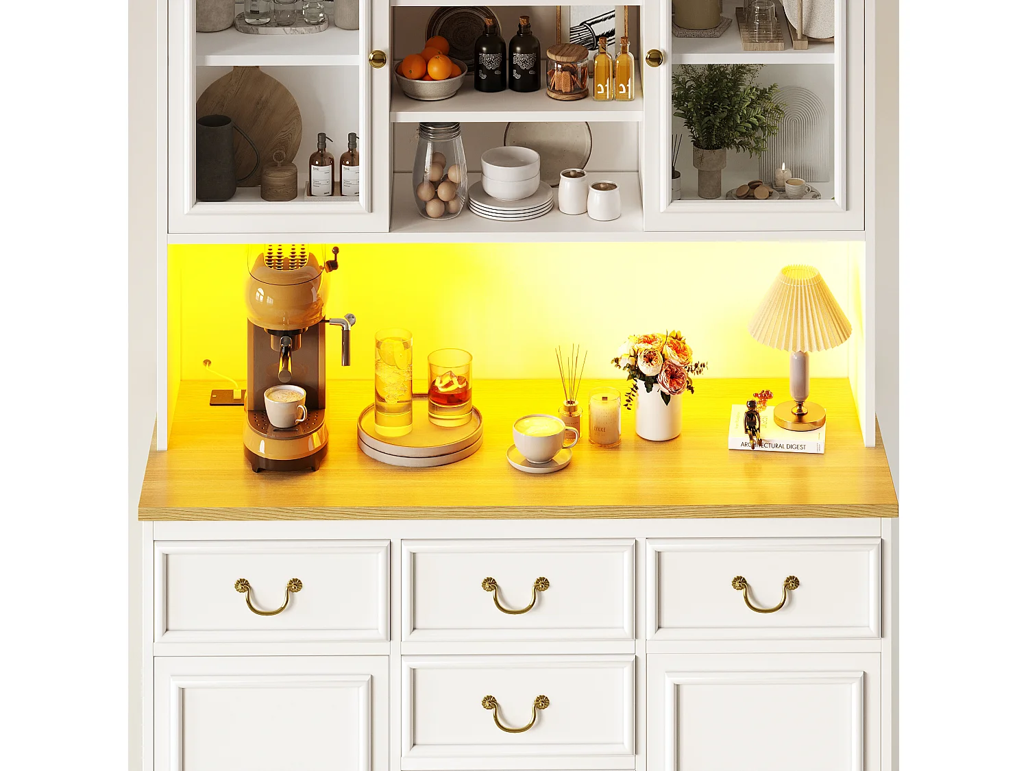 Buffet heut de cuisine - 118 x 40 x 180 cm - avec 6 tiroir + portes + Leds + étagères de rangement - MDF - blanc