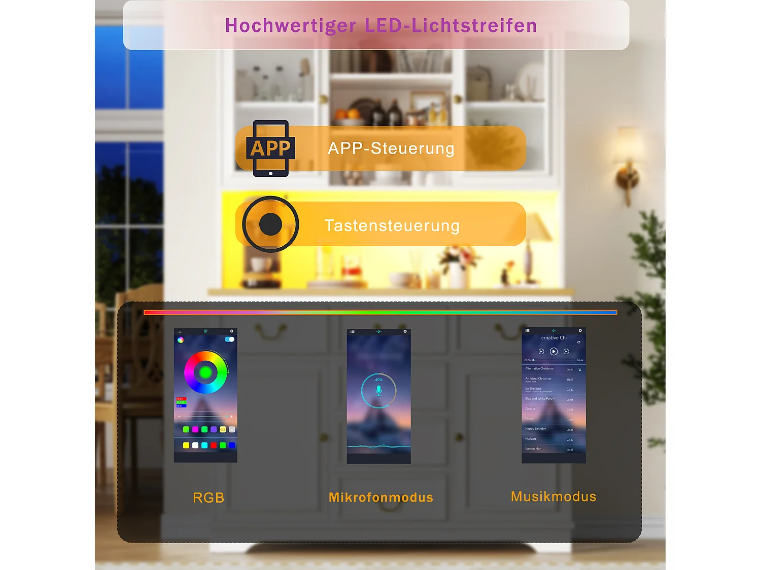 Buffet heut de cuisine - 118 x 40 x 180 cm - avec 6 tiroir + portes + Leds + étagères de rangement - MDF - blanc