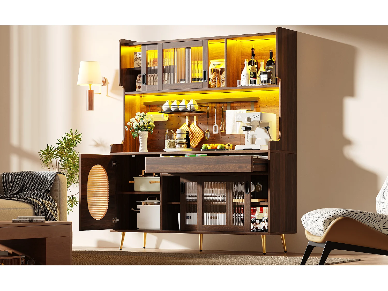 Küchen-Sideboard im Landhausstil – 145 x 39 x 171 cm – mit 5 Türen, LED-Beleuchtung, Ablagefach und Schublade – MDF – braun