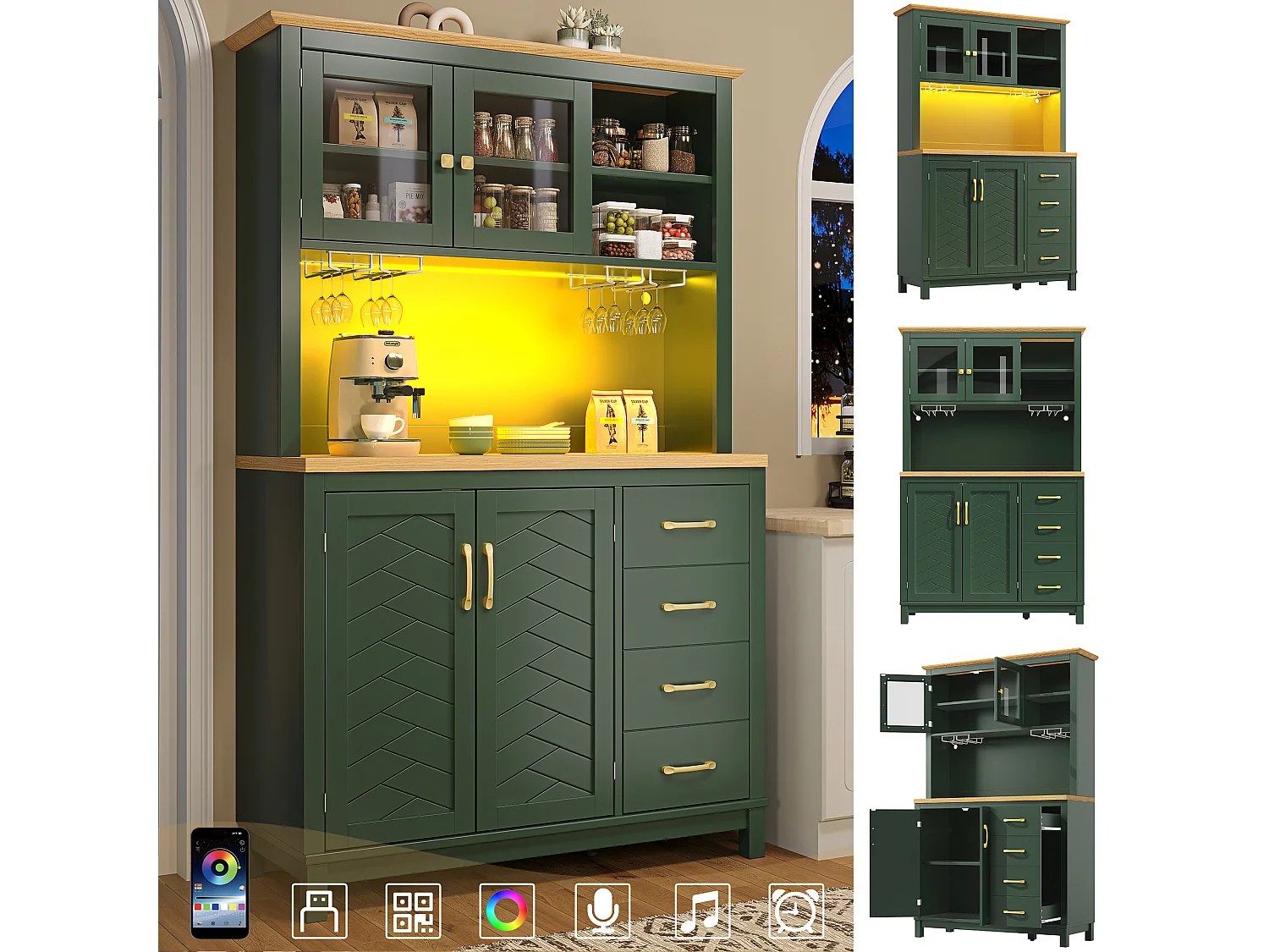 Kredens kuchenny w stylu rustykalnym - 105,5 x 40 x 180 cm - 4 drzwi + diody LED + uchwyty na kubki + szuflady - MDF - zielony