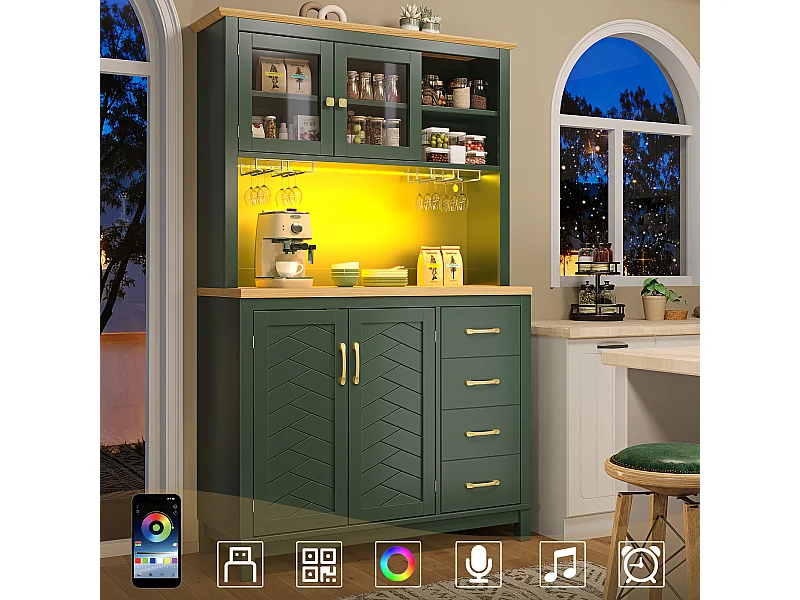 Kredens kuchenny w stylu rustykalnym - 105,5 x 40 x 180 cm - 4 drzwi + diody LED + uchwyty na kubki + szuflady - MDF - zielony