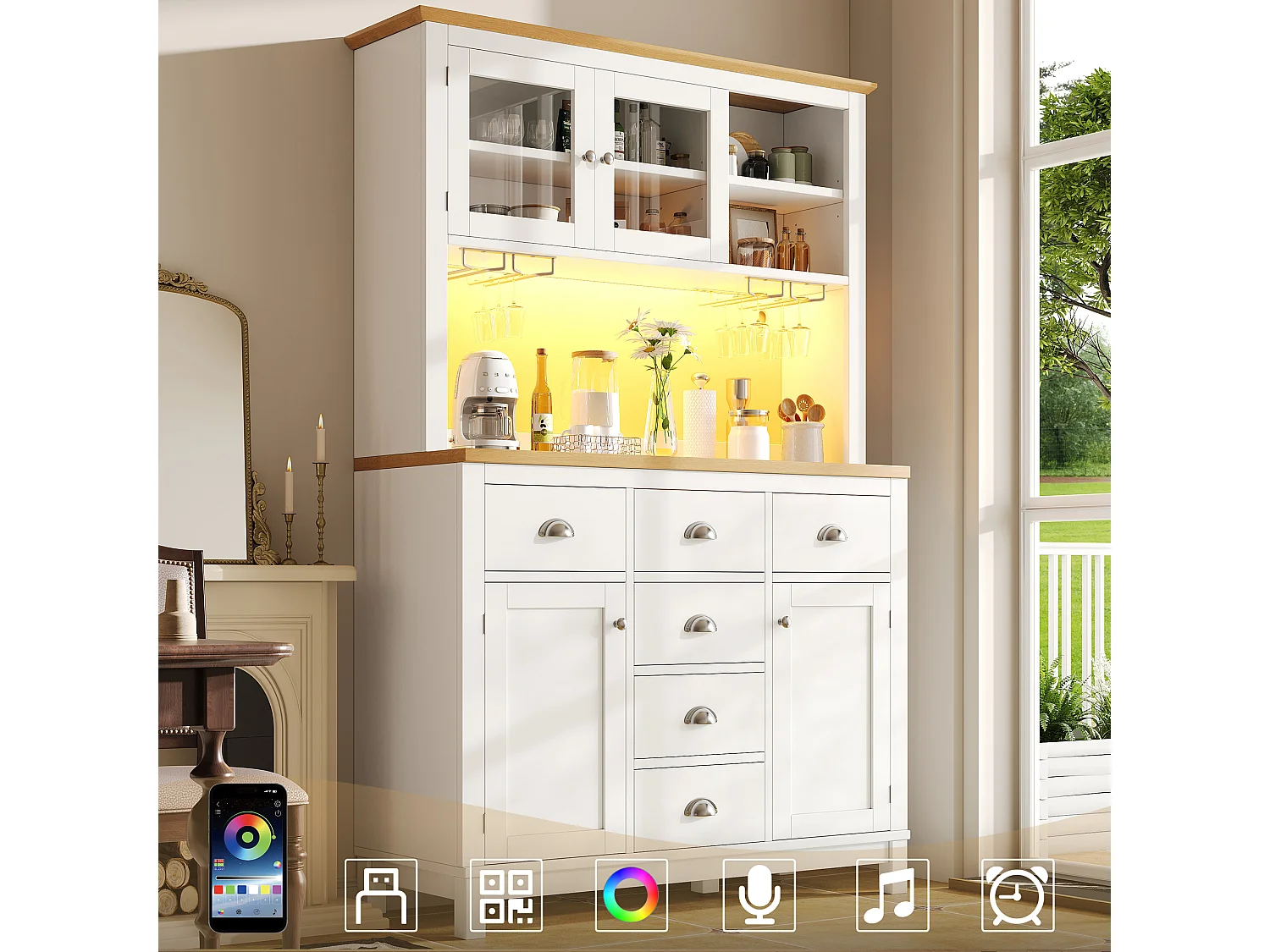 Kredens kuchenny w stylu rustykalnym - 104 x 40 x 180 cm - z drzwiami, diodami LED, półkami i szufladami - płyta MDF - biały