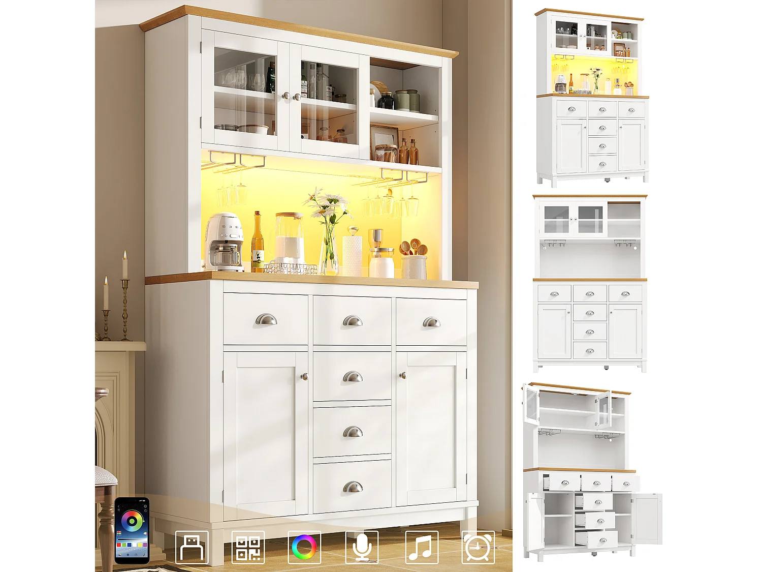 Kredens kuchenny w stylu rustykalnym - 104 x 40 x 180 cm - z drzwiami, diodami LED, półkami i szufladami - płyta MDF - biały