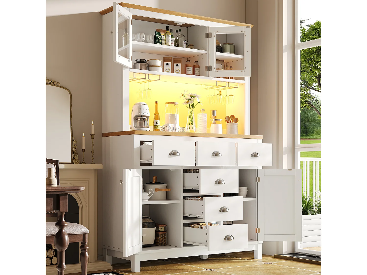 Kredens kuchenny w stylu rustykalnym - 104 x 40 x 180 cm - z drzwiami, diodami LED, półkami i szufladami - płyta MDF - biały