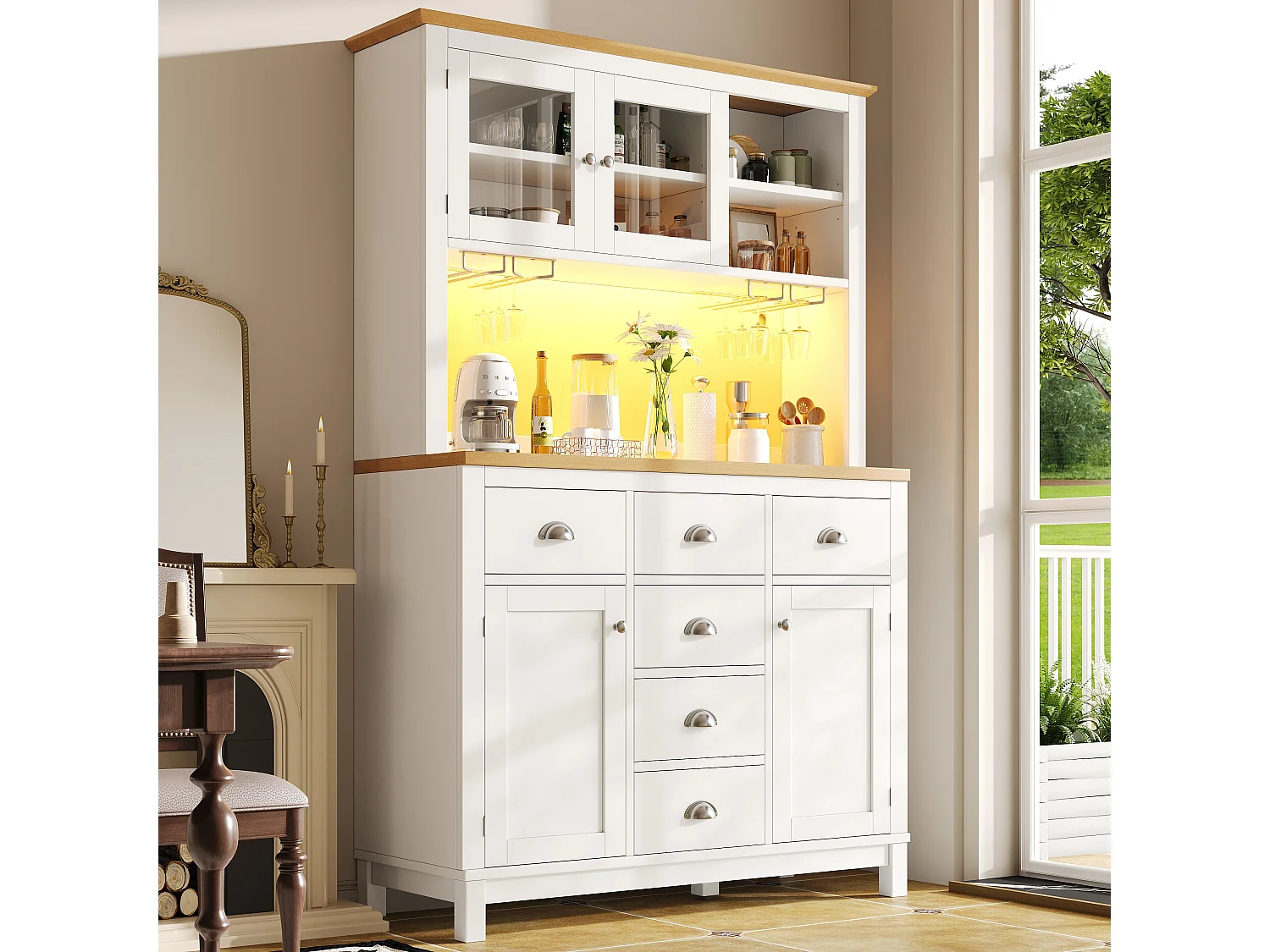 Kredens kuchenny w stylu rustykalnym - 104 x 40 x 180 cm - z drzwiami, diodami LED, półkami i szufladami - płyta MDF - biały